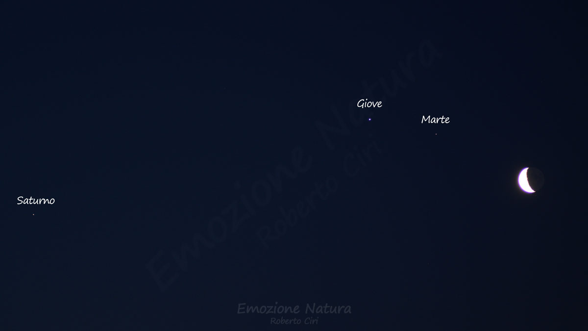 Congiunzione Saturno, Giove, Marte, Luna